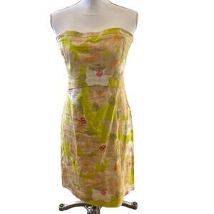 J Crew Strapless Linen Dress Green & Tan Mod Floral Print 8